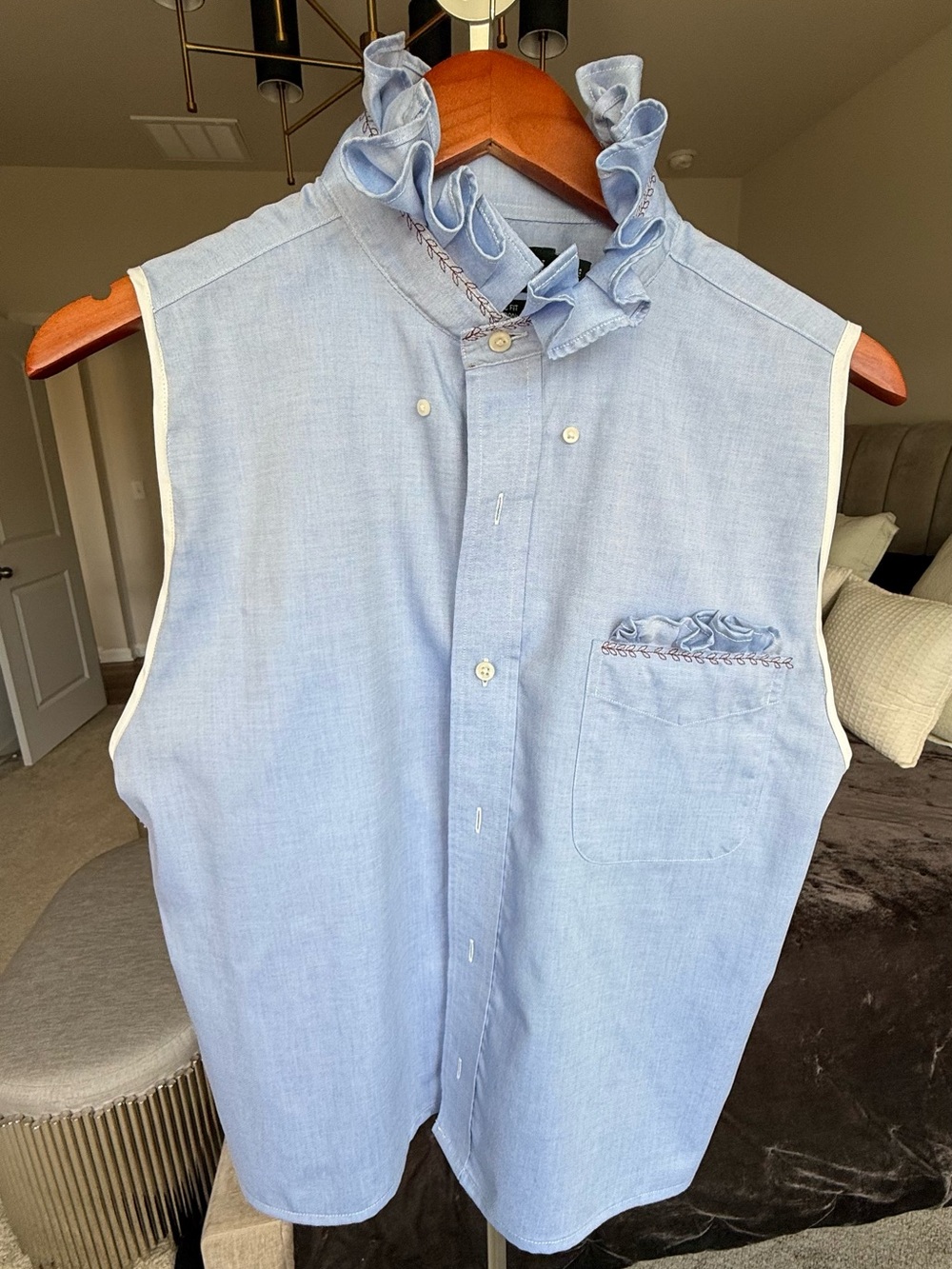 Lauren Ralph Lauren Chambray Blouse Upcycled Ruffle Blouse Embroidered M - Picture 11 of 13